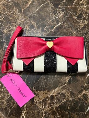 Betsey Johnson Black & White Striped Wristlet with Hot Pink Bow